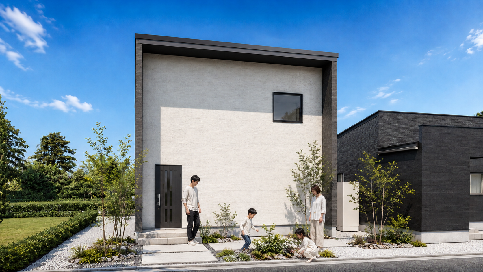 白い外壁と木目を組み合わせたHOUSE Aの外観